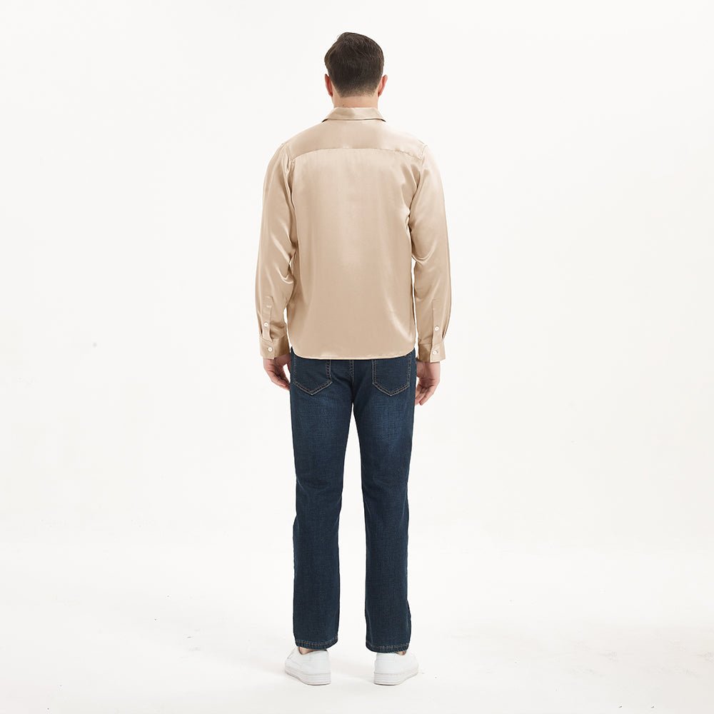 Mens Long Sleeves Silk Shirt Hidden Placket Silk Dress Shirts