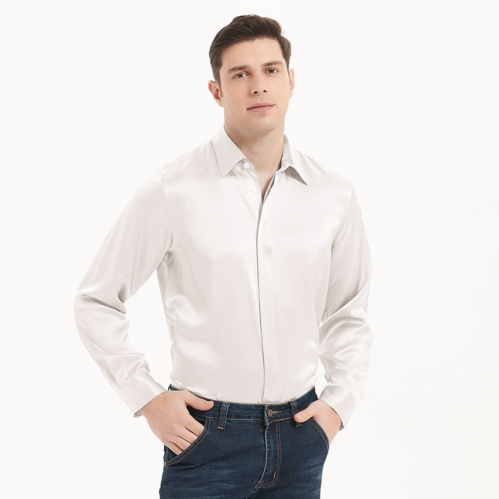 Mens Long Sleeves Silk Shirt Hidden Placket Silk Dress Shirts