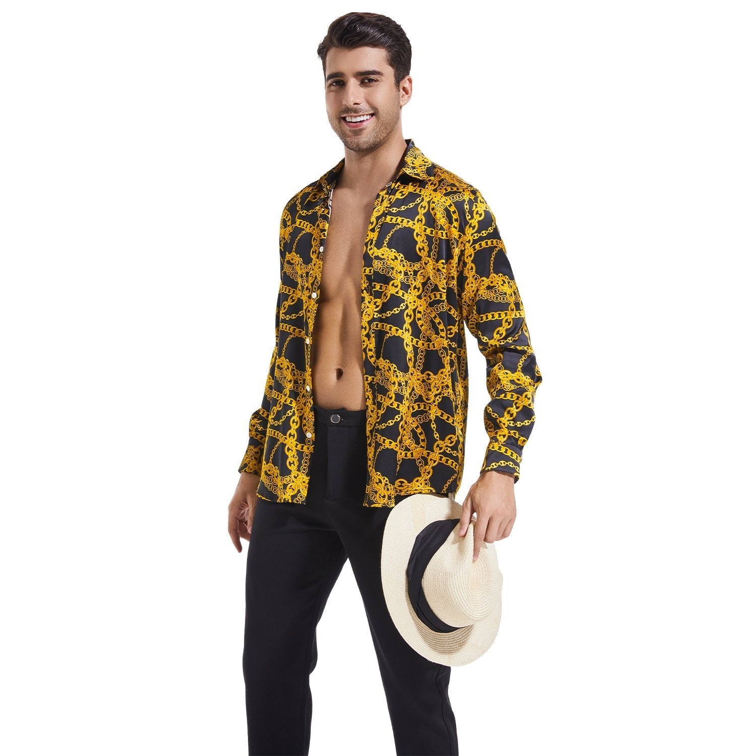 Men's Gold Chains Print Button Down Long Sleeve Silk Shirt
