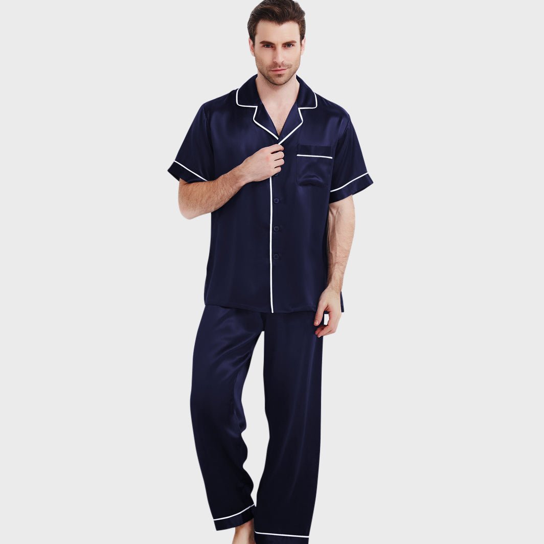 Men's Luxury Silk Pajamas Set Short Sleeve Long Pants Nightwear
