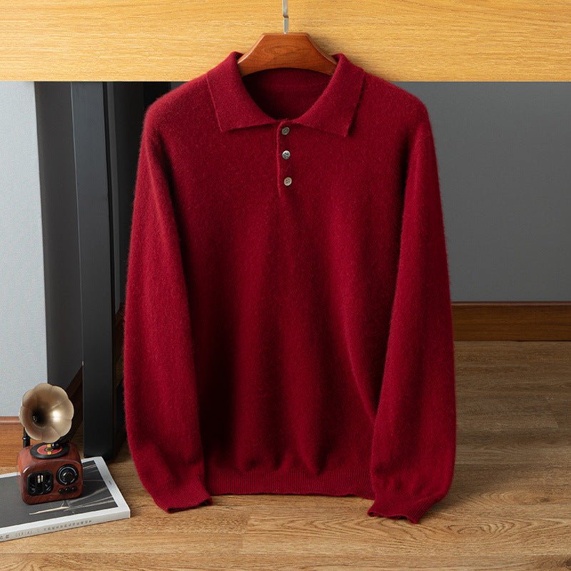 Mens Cashmere Polo Sweater Button Front Long Sleeve Soft Knit Ribbed Hem Pullover