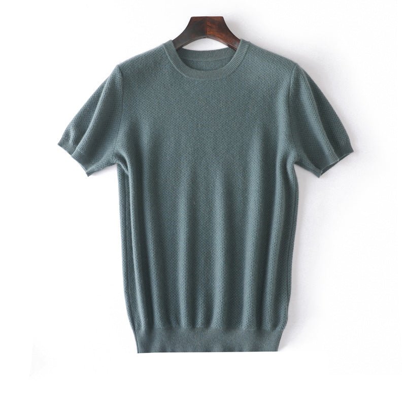 Mens Short Sleeve Pure Cashmere Sweater Crew Neck Textured Knit Tops