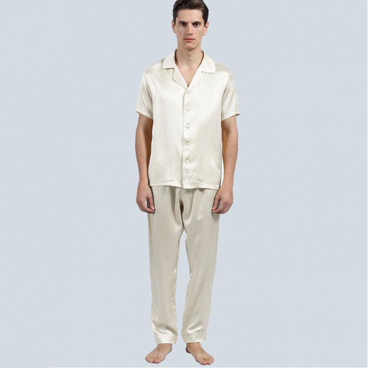 Mens Silk Pajama Set Short Sleeved Long Pants Silk Sleepwear
