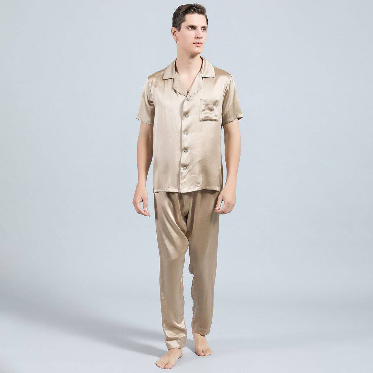 Mens Silk Pajama Set Short Sleeved Long Pants Silk Sleepwear
