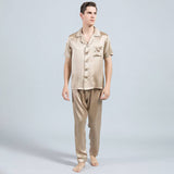 Mens Silk Pajama Set Short Sleeved Long Pants Silk Sleepwear