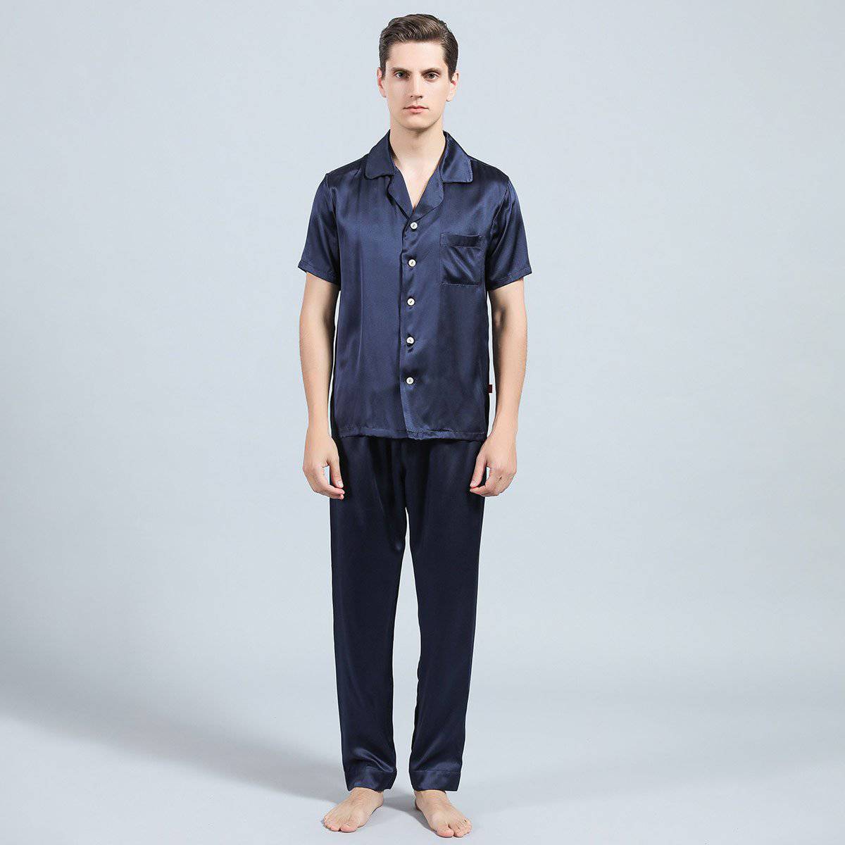 Mens Silk Pajama Set Short Sleeved Long Pants Silk Sleepwear