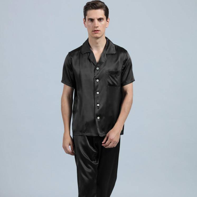 Mens Silk Pajama Set Short Sleeved Long Pants Silk Sleepwear