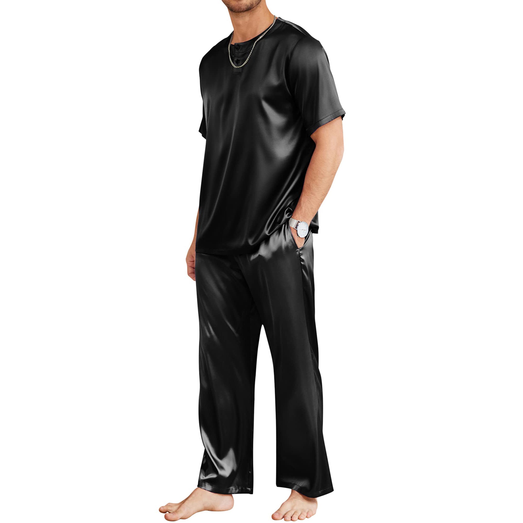 Men's Silk Pajamas Set Short Sleeve Henley Neck Silk Sleepwear
