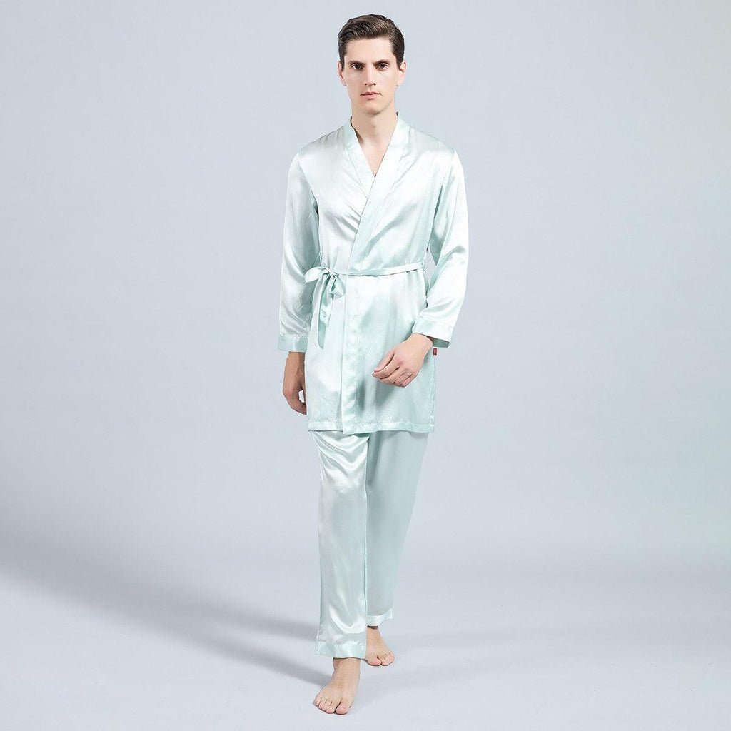 Mens Silk Kimono Robe Set Two Piece Silk Robe & Pant Sleepwear