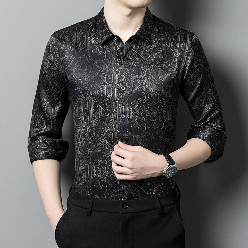 Mens Silk Shirts Long Sleeve Silk Baroque Pattern Dress Shirt