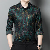 Mens Silk Shirts Long Sleeve Silk Botanical Print Dress Shirt