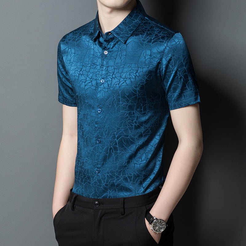 Mens Silk Shirts Short Sleeve Abstract Textured Pattern Silk Dress Shirt