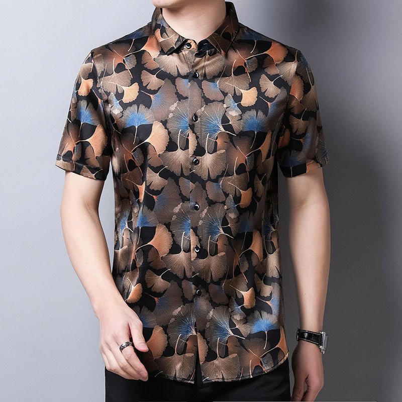 Mens Silk Shirts Short Sleeve Autumn Ginkgo Leaf Print Silk Dressing Shirt