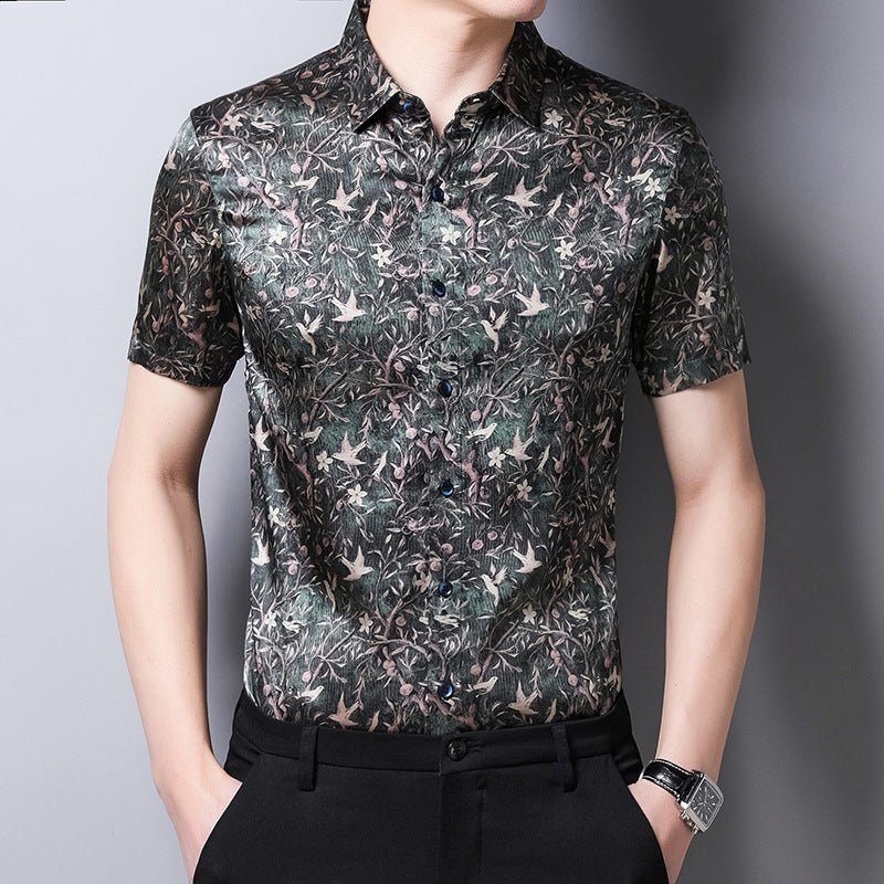 Mens Silk Shirts Short Sleeve Forest Bird and Floral Print Silk Dress Shirt