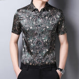 Mens Silk Shirts Short Sleeve Forest Bird and Floral Print Silk Dress Shirt