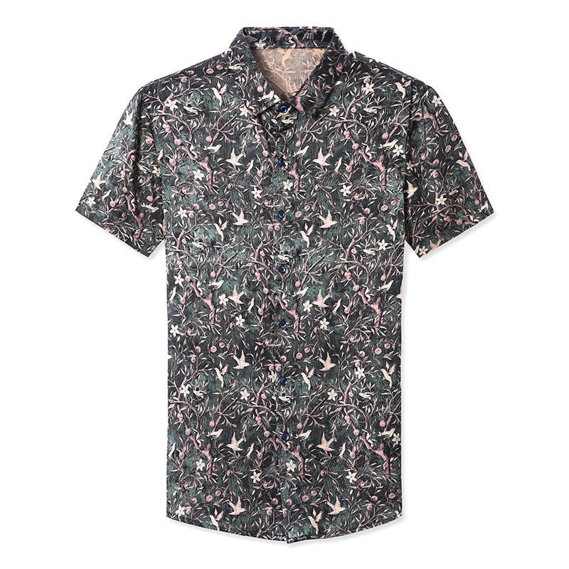 Mens Silk Shirts Short Sleeve Forest Bird and Floral Print Silk Dress Shirt