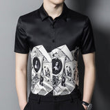 Mens Silk Shirts Short Sleeve Monochrome Vintage Graphic Print Silk Dress Shirt