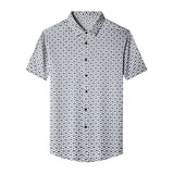 Mens Silk Shirts Short Sleeve Navy Geometric Print Silk Dress Shirt