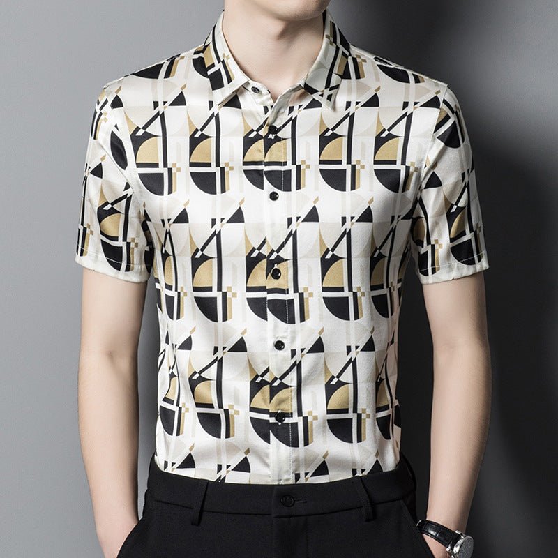 Mens Silk Shirts Short Sleeve Retro Geometric Print Silk Dress Shirt