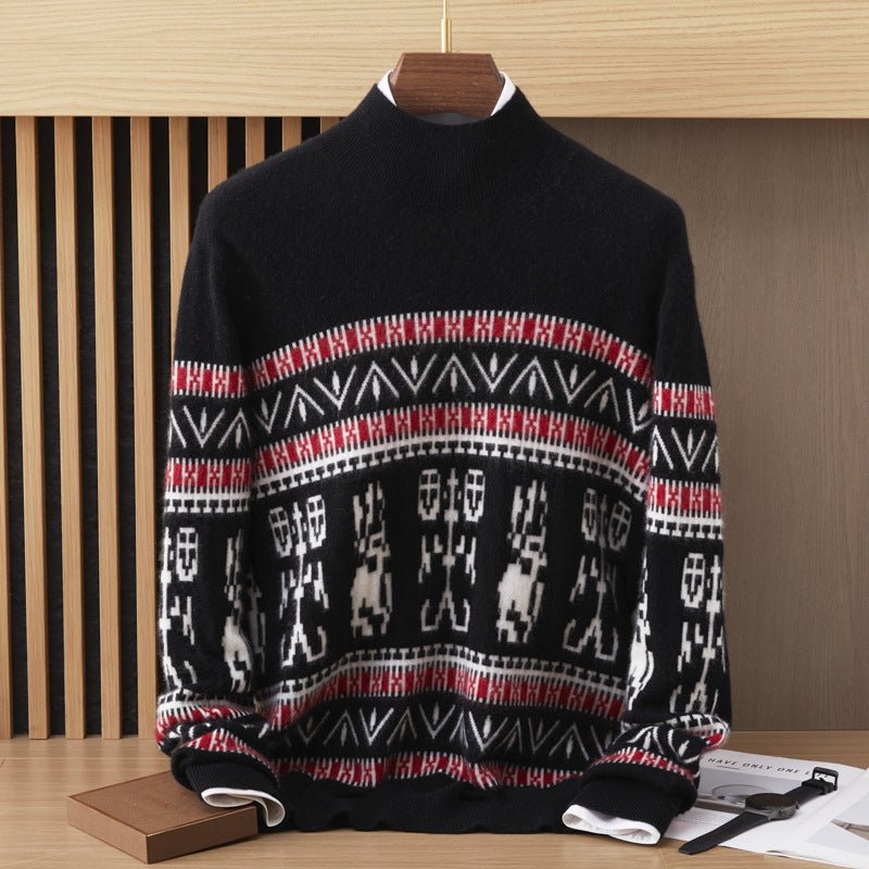 Mens Nordic Pattern Cashmere Sweater Mock Neck Long Sleeve Ribbed Hem Warm Knit