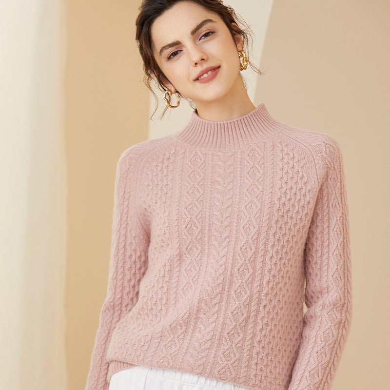 Long Sleeves Cable - knit Mock Neck Cashmere Sweater For Women