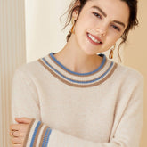 Ladies Colorful Striped Trim Crew Neck Cashmere Sweater