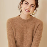 Womens Long Cable Knit Mock Neck Cashmere Sweater