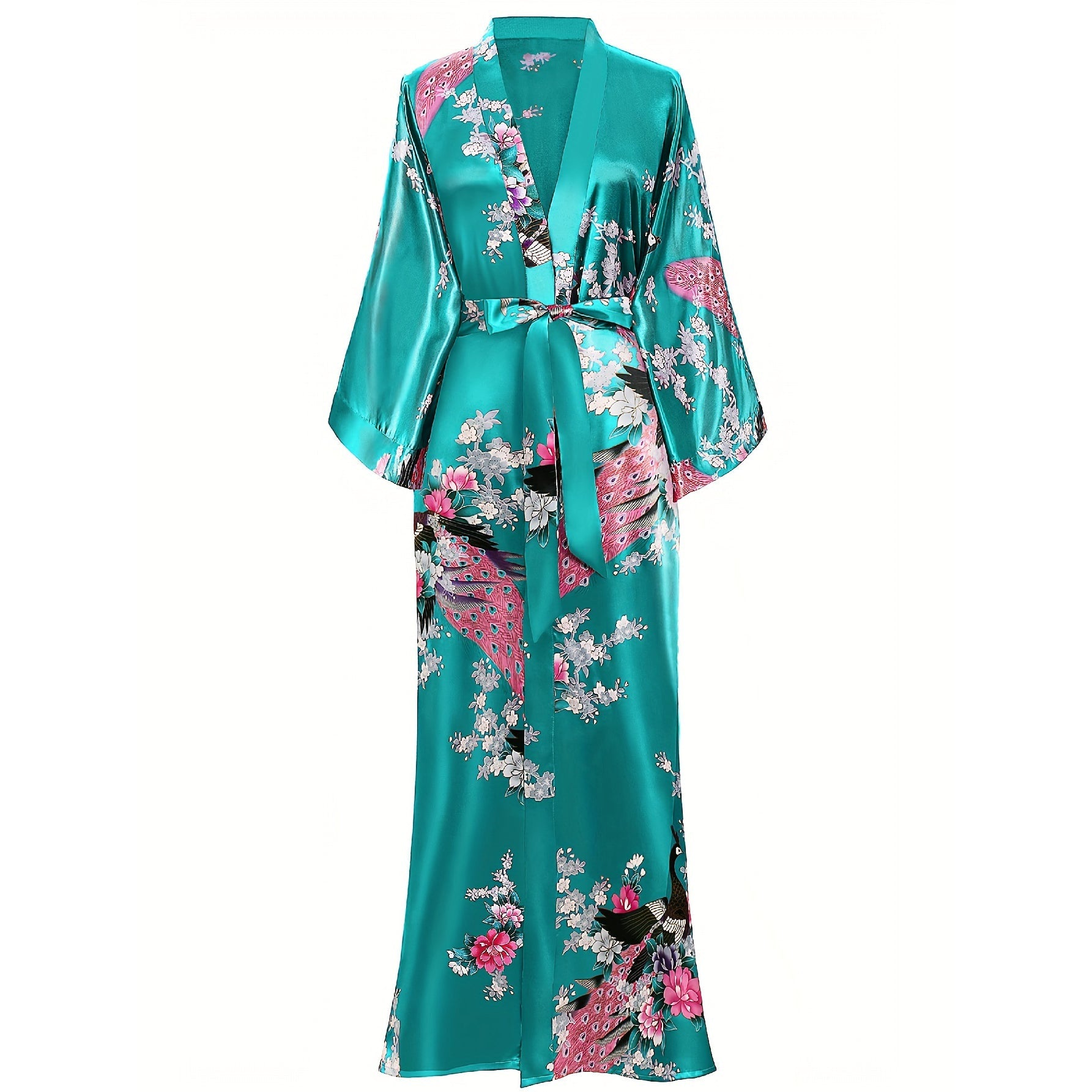 Women Silk Kimono Hand Painted Peacock & Flowers Nightwear