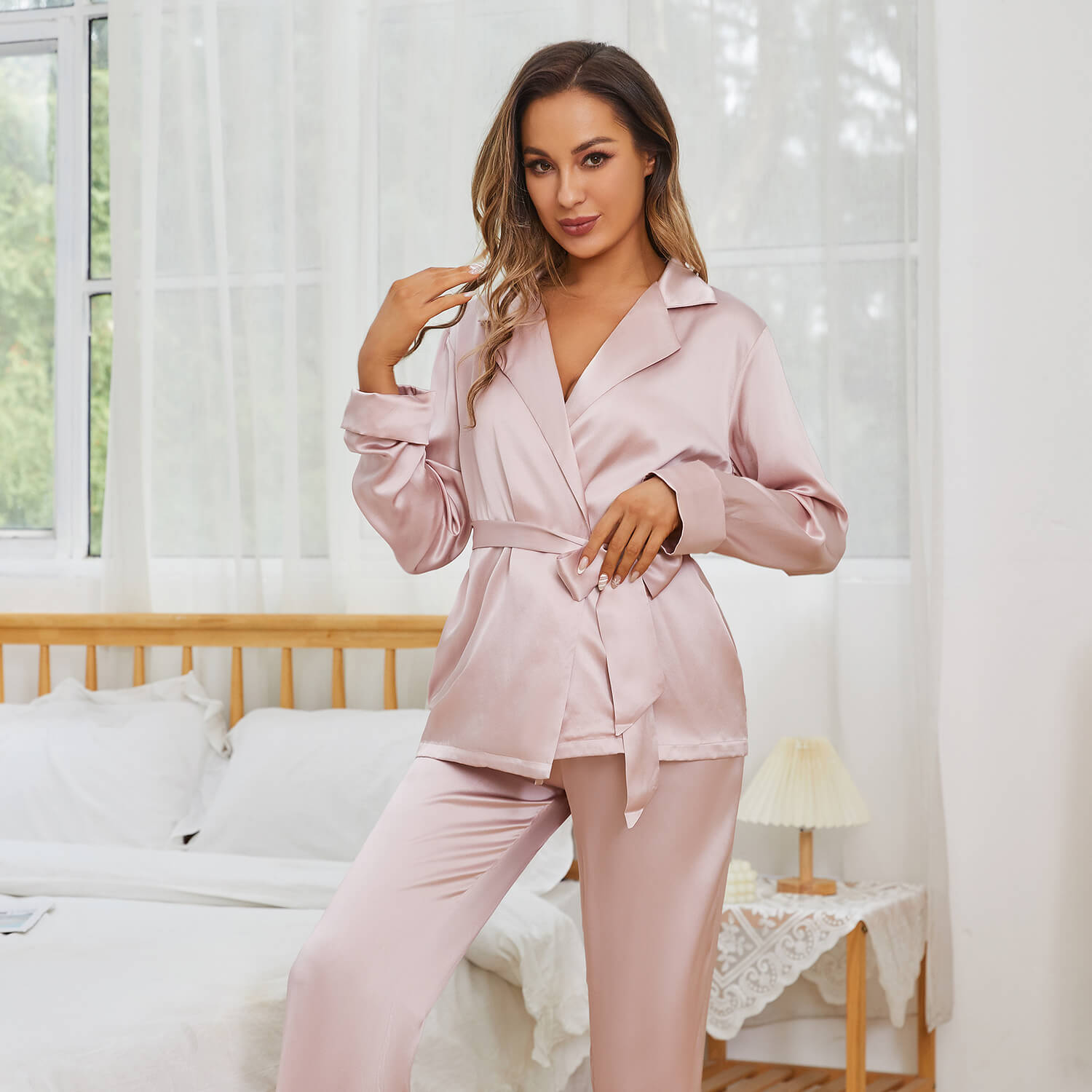 Women's Silk Robe And Pajama Set Long Sleeve Silk Sleepwear