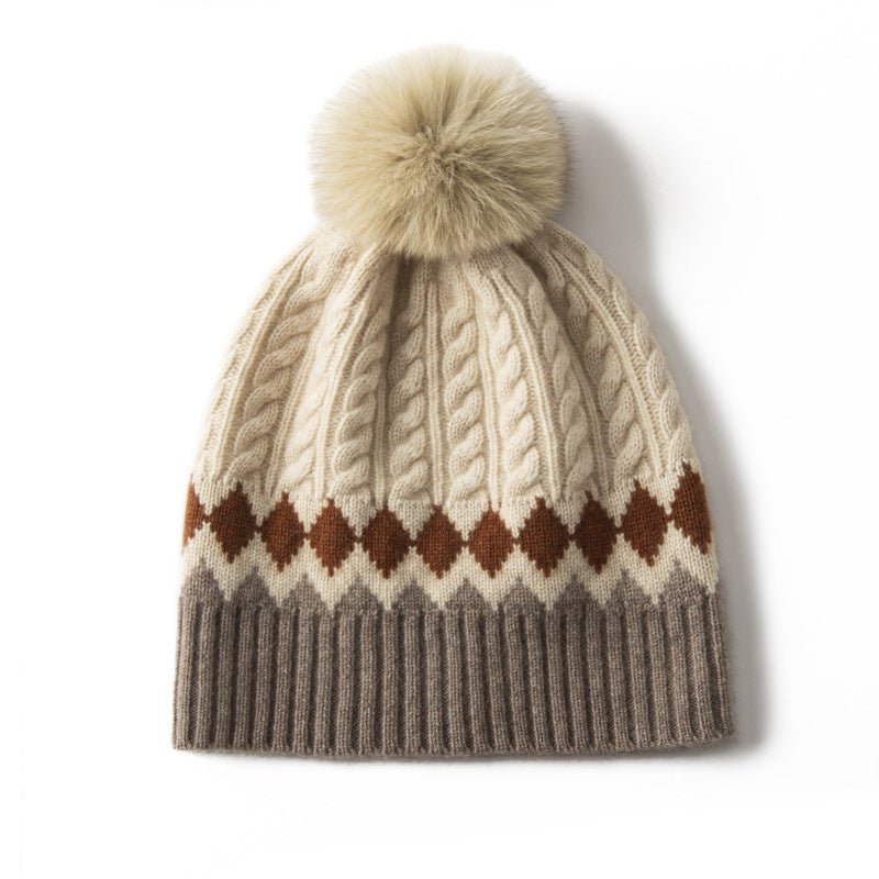 Pure Cashmere Hat with Fur Pom Cashmere Knitted Beanie for Women