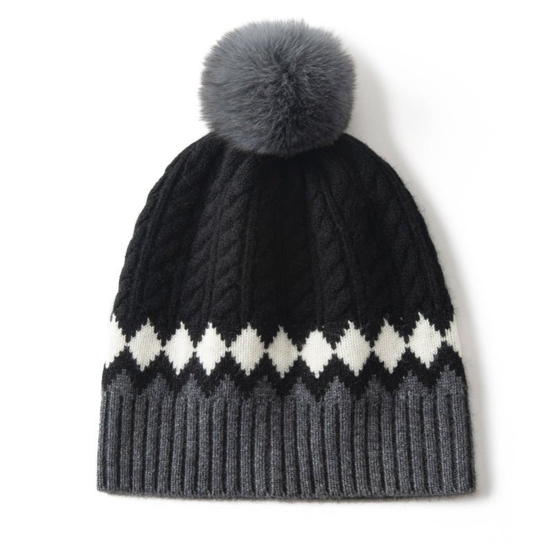 Pure Cashmere Hat with Fur Pom Cashmere Knitted Beanie for Women