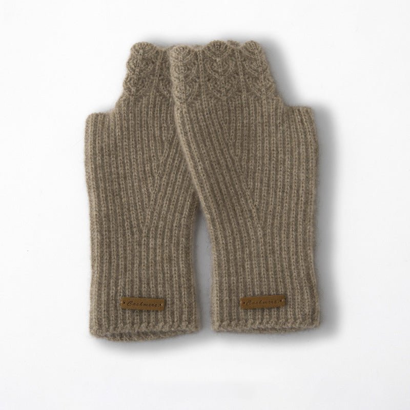 Ribbed Cashmere Fingerless Gloves Scalloped Edge Cashmere Mitts Taupe M