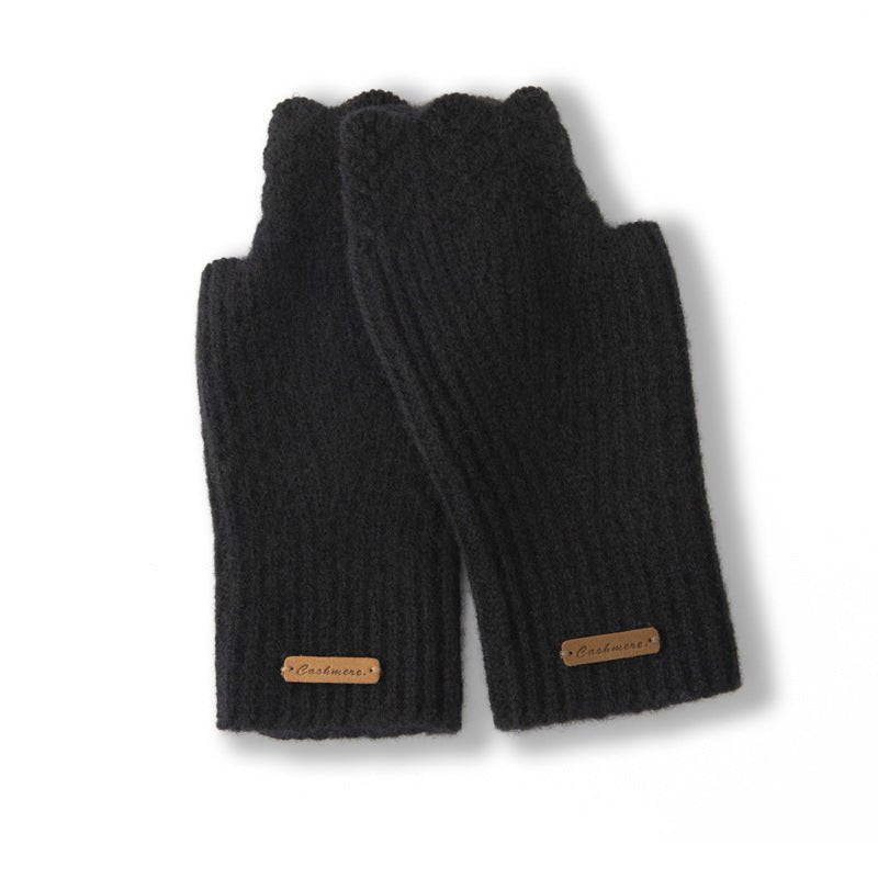 Ribbed Cashmere Fingerless Gloves Scalloped Edge Cashmere Mitts Black M