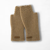 Ribbed Cashmere Fingerless Gloves Scalloped Edge Cashmere Mitts Camel - 2 M