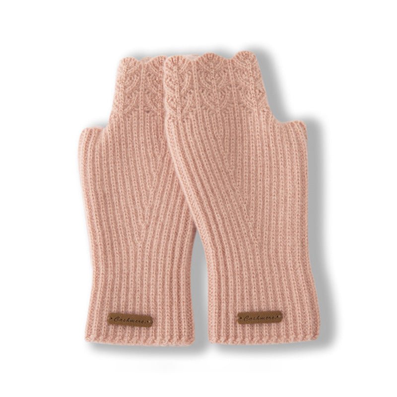 Ribbed Cashmere Fingerless Gloves Scalloped Edge Cashmere Mitts Pink M