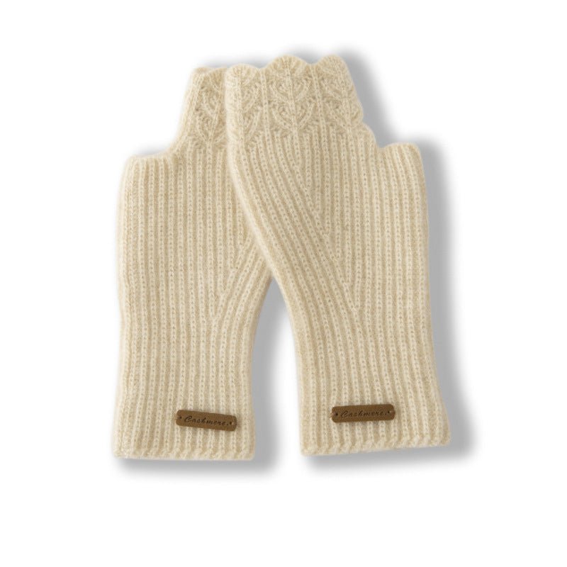 Ribbed Cashmere Fingerless Gloves Scalloped Edge Cashmere Mitts Beige M