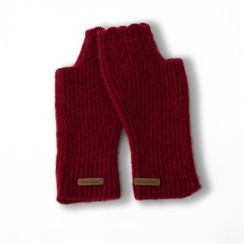 Ribbed Cashmere Fingerless Gloves Scalloped Edge Cashmere Mitts Claret M