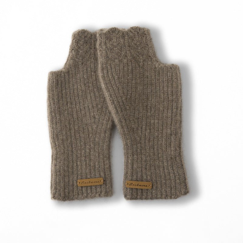 Ribbed Cashmere Fingerless Gloves Scalloped Edge Cashmere Mitts Camel M