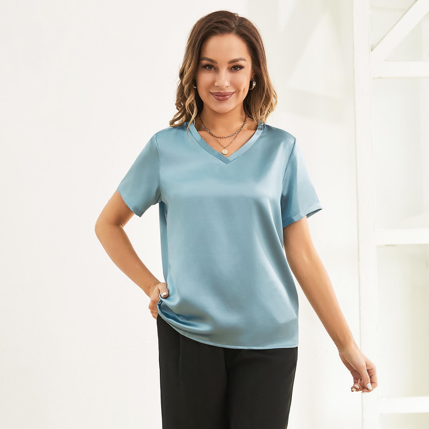 Pure Silk Blouses Short Sleeves Womens Pure Silk Top