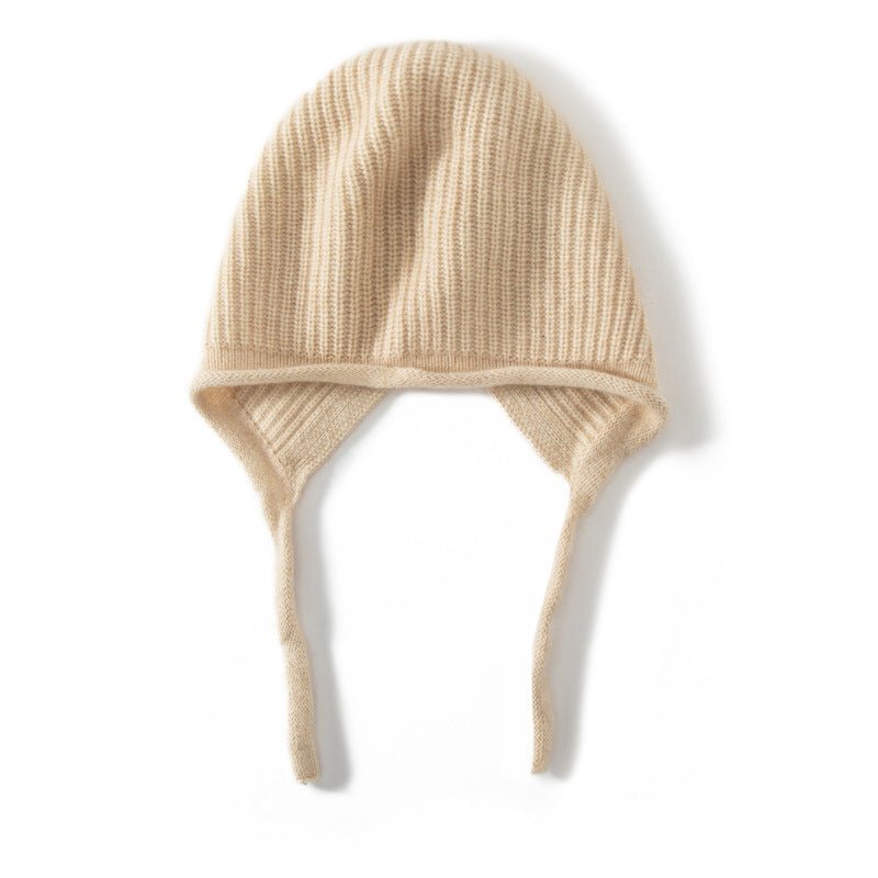Ribbed Cashmere Earflap Hat with Ties Warm Cashmere Beanie for Women