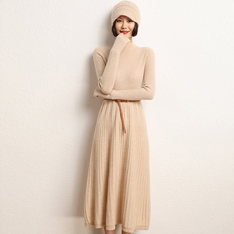 Ribbed Knit Cashmere Midi Dress Mock Neck Cashmere Dress for Women