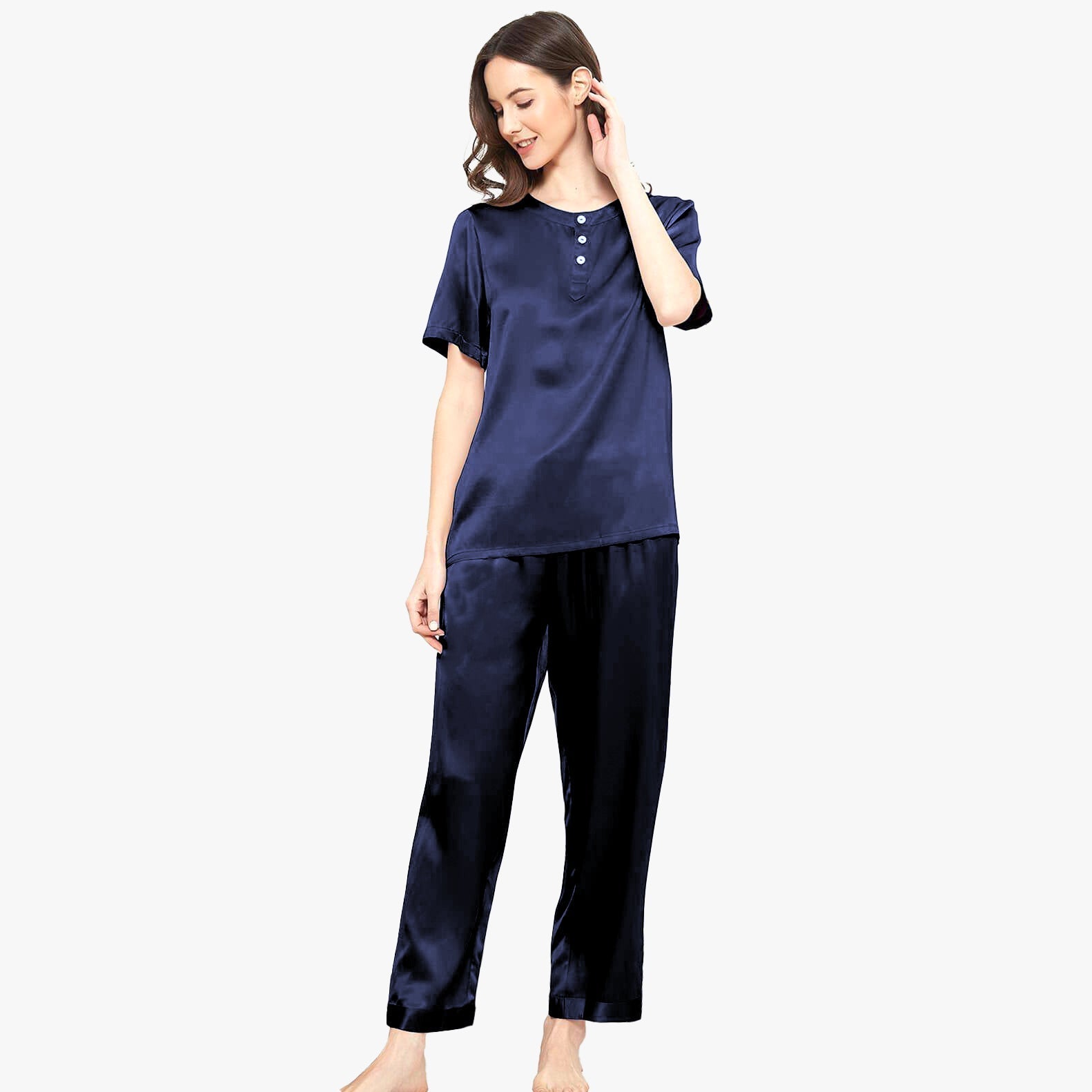 Henley Neckline Silk Pajamas 100% Silk Sleepwear Set