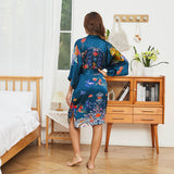 Short Crane And Dragon Print Pure Silk Kimono Robes