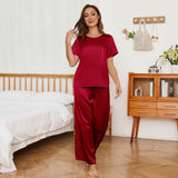 Short Sleeve Women's Silk Pajama Set With Wide Leg Pants