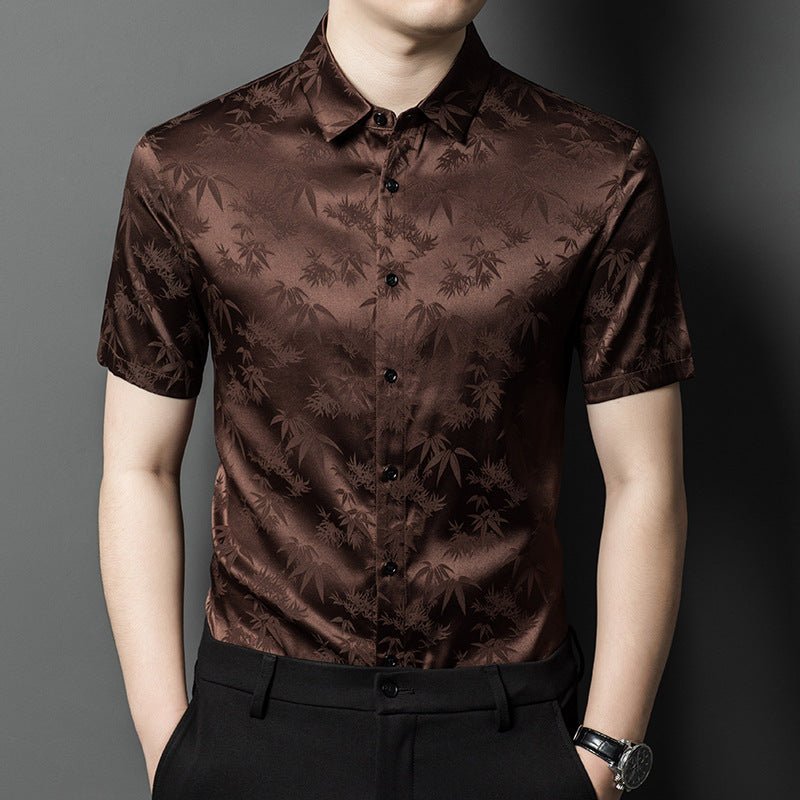 Silk Shirts for Men Short Sleeve Bamboo Jacquard Silk Dress Shirt