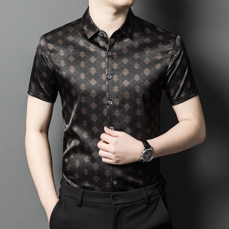 Silk Shirts for Men Short Sleeve Geometric Diamond Pattern Silk Dress Shirt