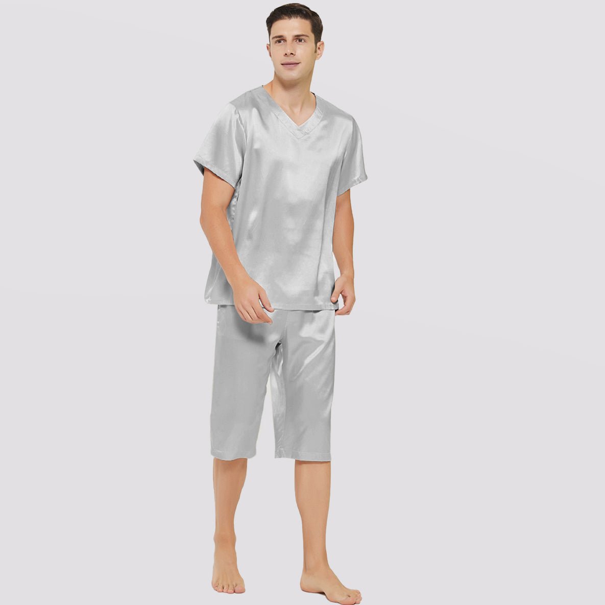 Mens Short Silk Pajama Set Silk Two Piece V Neck Silk Sleepwear