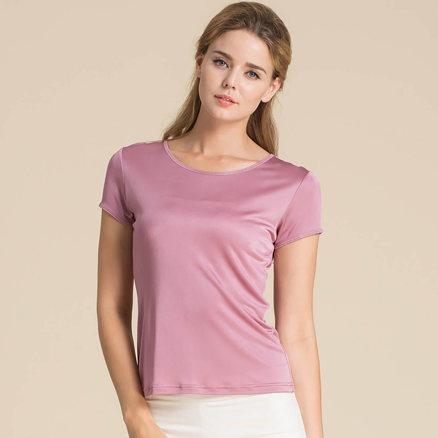 Silk Short Sleeve Women's T-shirt Silk Knitted Bottoming Shirt Top Rosy pink S