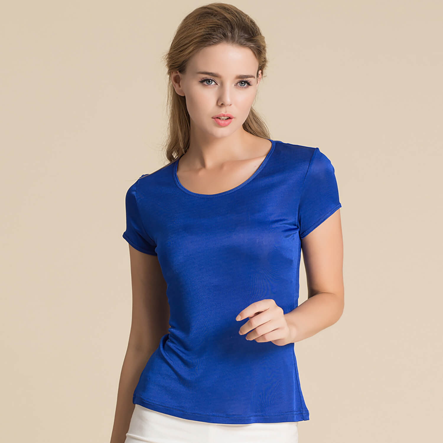 Silk Short Sleeve Women's T-shirt Silk Knitted Bottoming Shirt Top Blue S