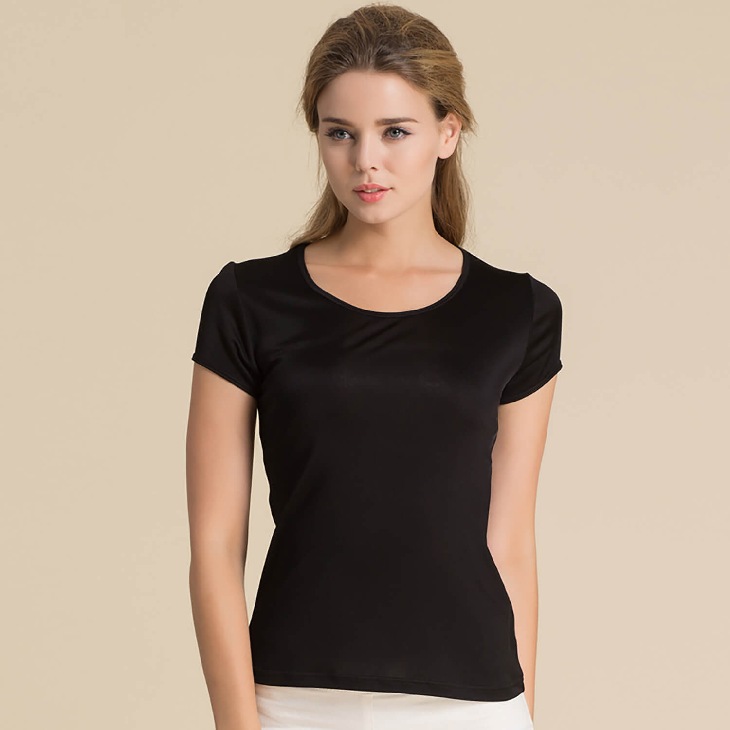 Silk Short Sleeve Women's T-shirt Silk Knitted Bottoming Shirt Top Black S